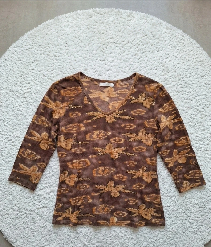 Top manches 3/4 marron imprimé et paillettes – Taille L 40 – Très bon état